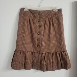 Odille Size 4 Women Brown Ruffle Hem Button-Front 100% Cotton Skirt‎